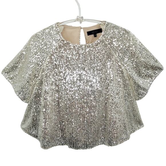 Rachel Roy Silver Sequin Raglan Flutter Sleeve Cape Blouse - Picture 1 of 13